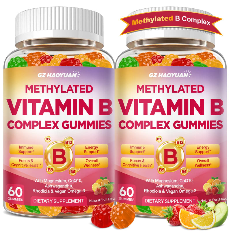 Methylated Vitamin B Complex Gummies for Women & Men with Vitamin B1, B2, B3, B5, B6, B7, B9, B12 & Magnesium, Omega-3, CoQ10, Supports Brain Health, Energy, Immune, Sugar Free, Fruit Flavor, 120ct Mixed Fruit 60 Count (Pack of 2)