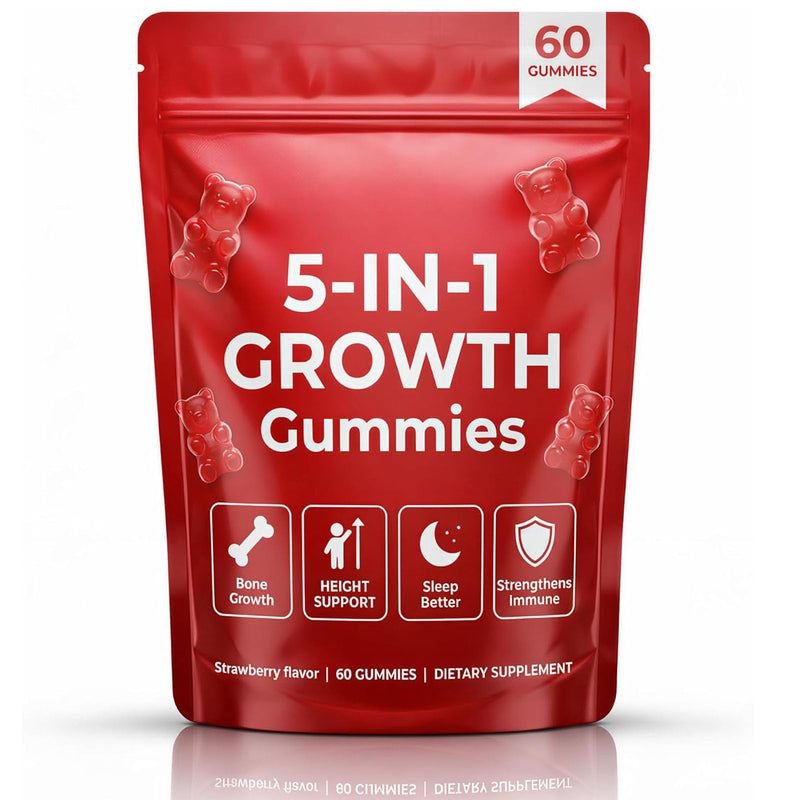 5-in-1 Growth Gummies, Supports Natural Height & Bone Development with Essential Amino Acids & D3, K2, Delicious Strawberry Flavor, 60-Count