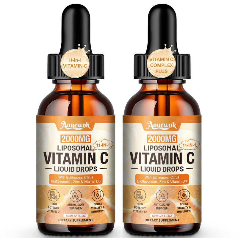 2 Packs Liquid Vitamin C Drops 2000mg, 11-in-1 Liposomal Vitamin C Complex | Support Antioxidant, Skin & Immunity| for Women & Men| with Rose Hips, Echinacea, Citrus Bioflavonoids, Zinc & Vitamin D3 2 Fl Oz (Pack of 2)