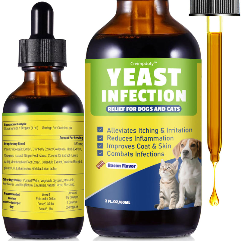 Natural Yeast Relief for Dogs and Cats, Skin & Ear Soothing Drops, Itchy Skin & Ear Allergy Support, Reduces Itching, Irritation & Inflammation, Bacon Flavor, 2 FL OZ