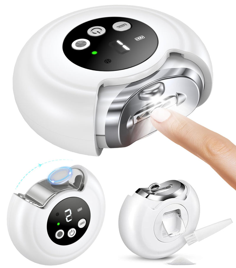 Electric Nail Clippers for All Ages, Rechargeable Safety Grinder, Pinch-Free Auto Trimmer with Debris Catcher, 3-Speeds Nail File and Polisher with LED Light, Quiet Care for Baby, Seniors and Adults White