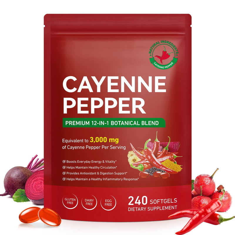 Cayenne Pepper Capsules with Turmeric & Beetroot – 12-in-1 Formula with Black Pepper Extract for Absorption – Vitamins D3, K2 & E – Supports Circulation & Antioxidant – 240 Softgels (80-Day Supply) Cayenne Pepper + Complex