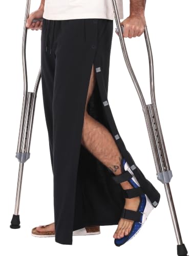 Men's Magnetic Tear Away Side Snap Open Pants Catheter Adaptive Post Surgery Knee Ankle Rehab Pants for Recovery Wear Small Black