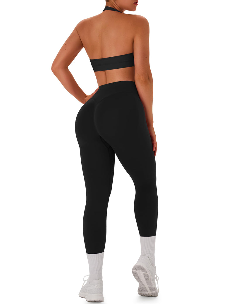 TDIFFUN Women Workout Sets 2 Piece Seamless Scrunch Butt Leggings Padded Halter Sports Bra Matching Set Gym Yoga Outfits Black Medium