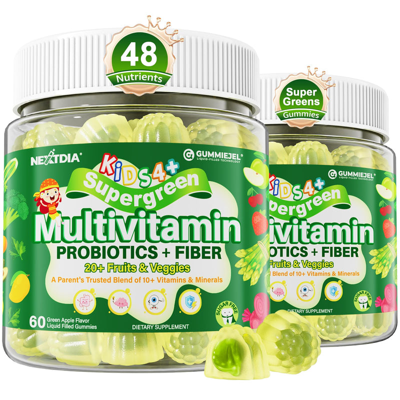 Kids Super Greens Gummies, Kids Multivitamin Superfood Fiber Gummies, 120Ct | 20+ Fruit and Veggies Kids Daily Gummy with Probiotics, Vitamins, Minerals for Growth, Gut, Immune, Picky Eater - Sugar Free 60 Count (Pack of 2)