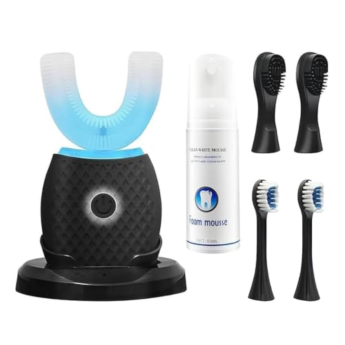 U-Shaped Electric Toothbrush for Adults, Ultrasonic Automatic Toothbrush with Foam Mousse, Hands-Free Cleaning, 4 Brush Heads, LED Light, Rechargeable Charging Base