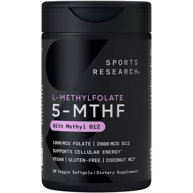 Sports Research® 5-MTHF Methyl Folate w/Methylated B12, 90 Count Plantgels | 1000mcg L-Methylfolate & 2000mcg Methylcobalamin for Cellular Energy Support | Vegan B12 w/Coconut Oil | Non-GMO, Gluten Free