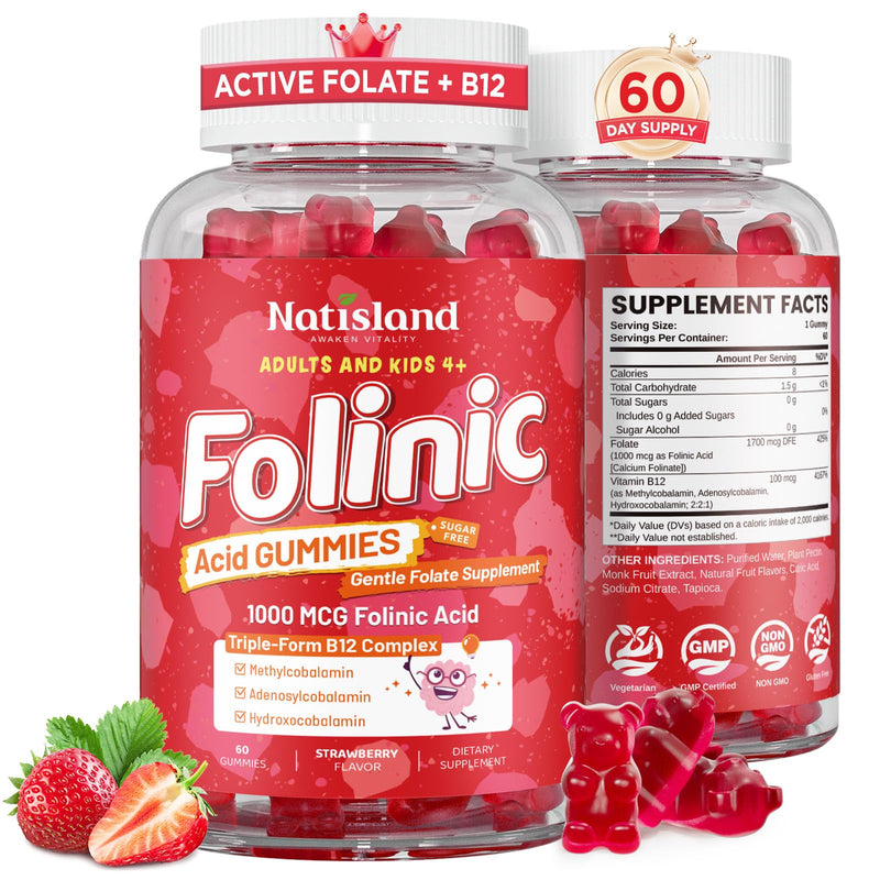 Folinic Acid for Kids & Adults 4+, 1mg Folinic Acid & B12, 60CT | Healthy Brain Support, MTHFR-Friendly, Folic Acid Alternative, Non-GMO, Sugar Free, Strawberry Flavor