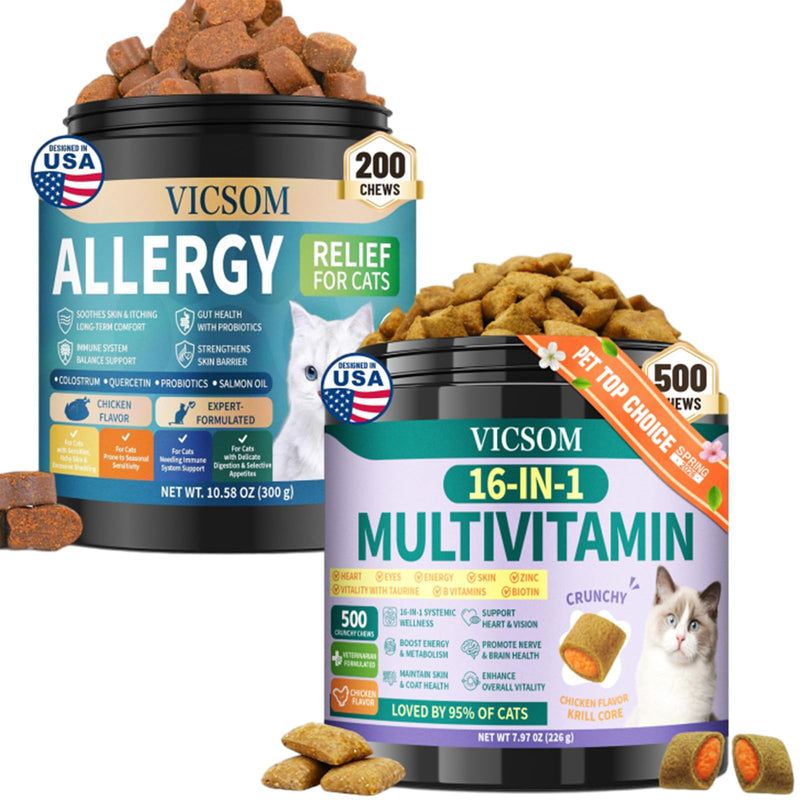 VICSOM Cat Multivitamin & Allergy Relief Bundle, Taurine 16-in-1 Cat Vitamins Chews + Natural Itchy Skin & Immune Support Soft Chews, Heart, Skin, Seasonal Allergy & Daily Wellness Support