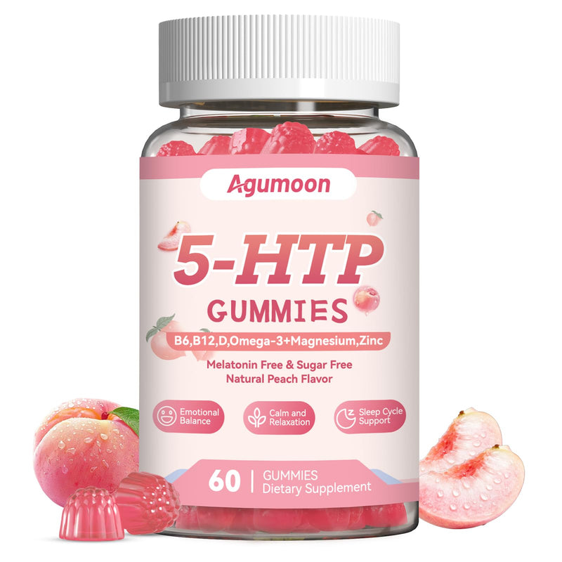 5HTP Gummies with Vitamin D3,B6,B12,Zinc,Omega-3,Magnesium Glycinate | Serotonin supplement for Adults & Kids,Relaxation Gummies for Sleep Support,Brain & Muscle Health,Peach Flavor