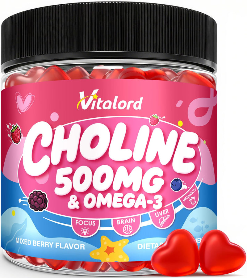 CDP Choline with Omega 3 Gummies 500mg for Kids & Women, 60 Count | Chewable Citicoline Supplement with Vitamins, Prenatal, Brain Health, Liver Support, Focus & Energy, Mixed Berry Flavor