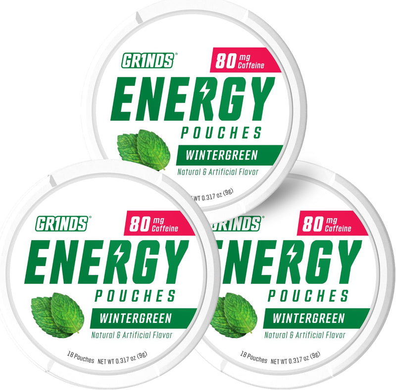 GRINDS Energy Pouches | Wintergreen Flavor | 3 Cans | 80mg Natural Caffeine Per Pouch | Sugar-Free & Zero Calories | With B-Vitamins | 18 Pouches Per Can Wintergreen 3