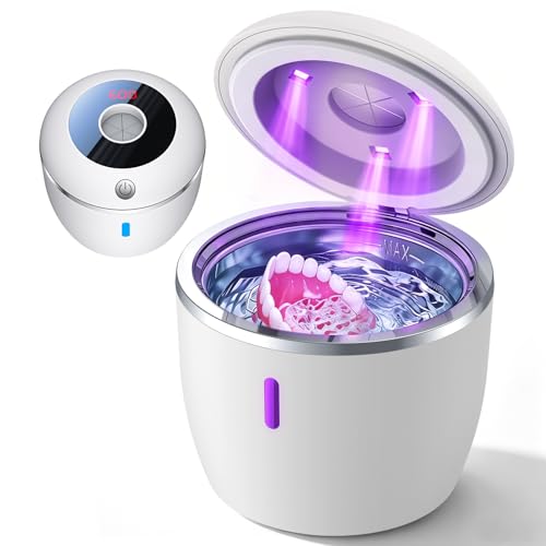 Ultrasonic Retainer Cleaner Machine 45kHz 200ML 4 Modes Dental Cleaning Pod for Dentures Retainers Aligners Jewelry (White) White