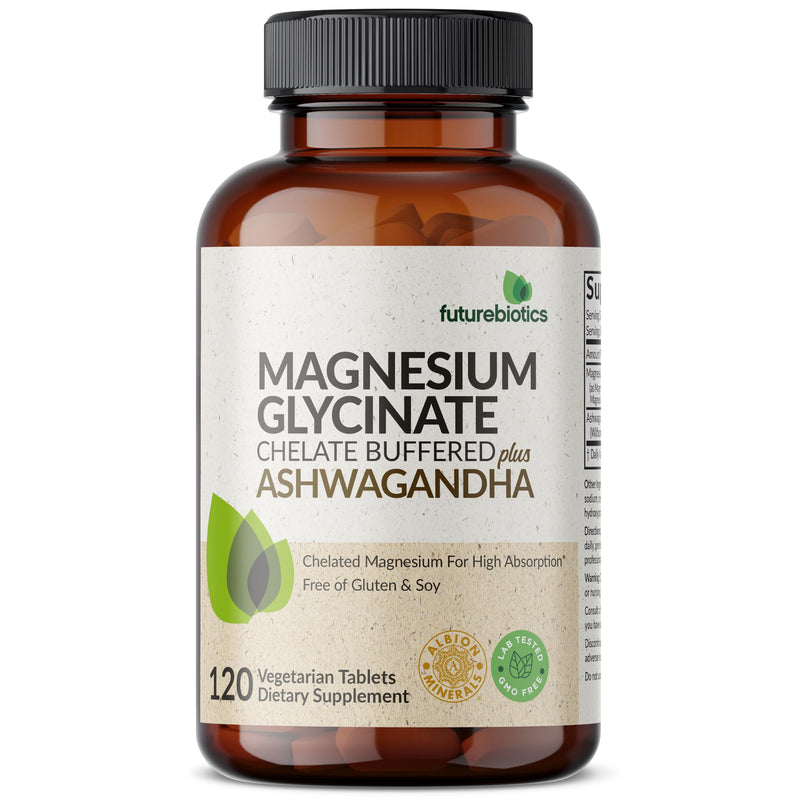 Futurebiotics Magnesium Glycinate + Ashwagandha, 120 Tablets | 2-in-1 Stress & Mood Support, High Absorption, Gentle On The Stomach, Non-GMO, Gluten Free, Soy Free 120 Count (Pack of 1)