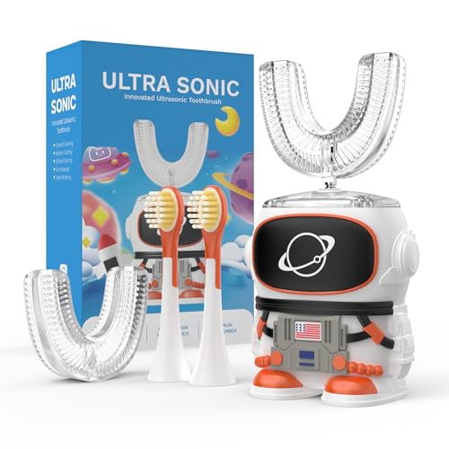 Children's Electric Toothbrush, Cute Dinosaur Design, Blue, with 2 Brush Heads and 2 U-Shaped Brush Heads
