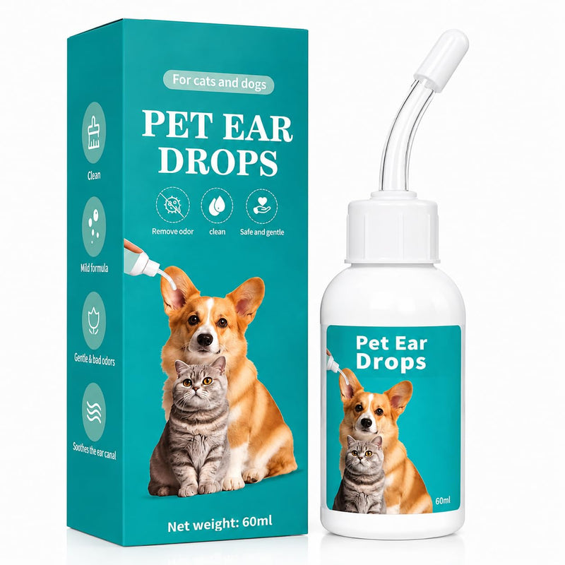 Pet Ear Drops for Dogs & Cats, Ear Cleaner for Dogs, Cat Ear Cleaning Solution for Itchy Ears, Wax Buildup, Odor Removal & Ear Infection Relief, Gentle Pet Ear Care Treatment, 2 Fl Oz (60ml) Green