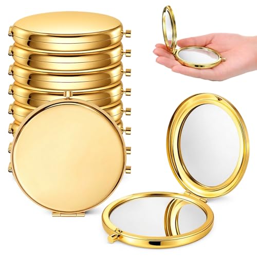 10 Pcs Compact Mirror for Purse, Double-Sided 1X/2X Magnifying Mini Pocket Mirror, Metal Round Shell, Portable Folding Handheld Travel Makeup Mirrors, Elegant Gold