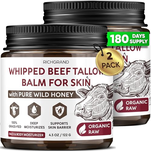RICHGRAND Beef Tallow for Skin 2 Pack - Whipped Tallow and Honey Balm - Grass Fed Beef Tallow for Face, Daily Moisturizer & Body Butter - Natural Non Comedogenic Skincare (8.6 oz) 4.3 Ounce (Pack of 2) Unscented
