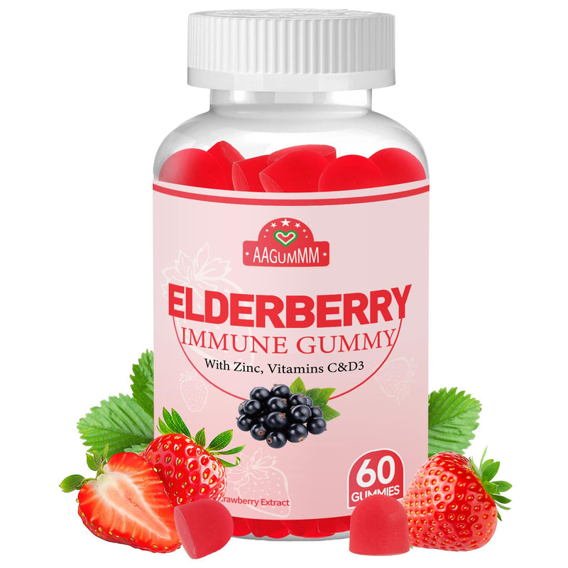 Elderberry Immune Gummies, Daily Immune Support for Adults, | with Vitamin C, Vitamin D3, Zinc, Gluten Free, Vegetarian, Strawberry Flavor,60 Gummies