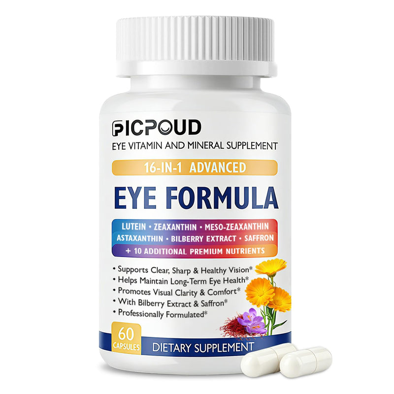 Neurobella Eye Formula, 16-in-1 Eye Vitamins and Mineral Supplement with Lutein 20mg, Zeaxanthin 4mg & Meso-Zeaxanthin 10mg, Astaxanthin, Omega 3, Bilberry & Saffron, Eye Health, 60 Capsules