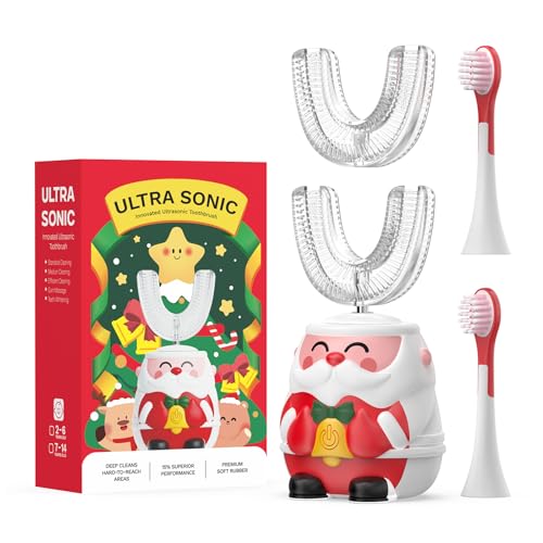 Kids U-Shaped Electric Toothbrush with 4 Brush Heads, Sonic Toothbrush Kids with 5 Modes & 60s Timer, Cartoon Santa Claus 360-Degree Cleaning, IP64 Waterproof & Dustproof (Ages 2-6)