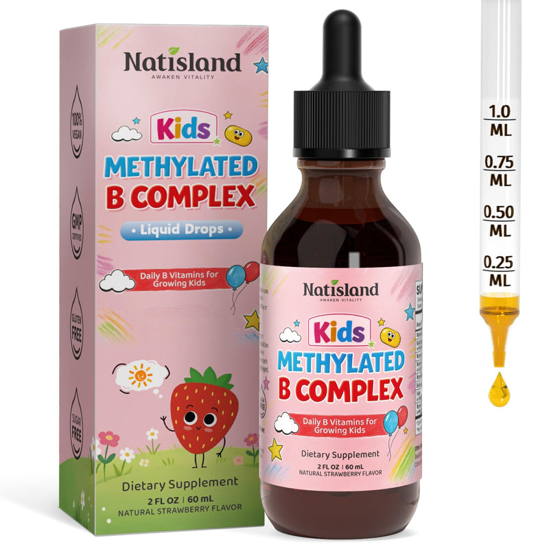 Methylated B Complex for Kids, Vitamin B Complex Liquid Drops | Plus with Methyl B12 & 5-MTHF, Sugar Free, Supports Energy & Nervous System, Vegan, Alcohol-Free, Strawberry Flavor, 2 Fl Oz