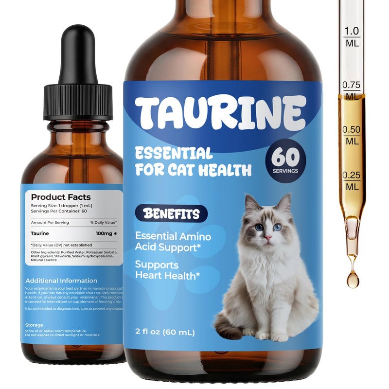 Taurine Supplement for Cats Drops - Daily Amino Acid Nutrition Liquid Drops for Heart & Vision Support, Easy Daily Taurine Supplement for Feline Diets, 60 ml 60 ml (Pack of 1)