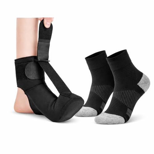BraceAbility Plantar Fasciitis Relief Bundle - Compression Socks and Night Splint Sock for Heel Pain, Achilles Tendonitis and Foot Stretching Support (M Black)