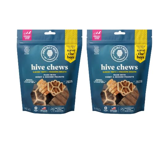 PROJECT HIVE ·PET COMPANY· Dental Chew Treats for Dogs, – Peanut Flavor, Dental Treats, Cleans Teeth & Freshens Breath, Vegetarian, No Grain or Soy (9 oz (Pack of 2), Large Hive Chews) 2-pack