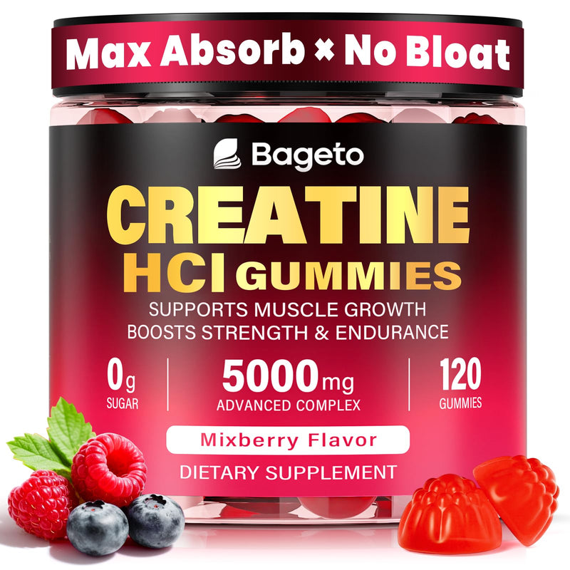 Bageto Creatine HCl Gummies Complex with 1g Turmeric & 500mg Electrolytes | 120 Ct with Beet Root & Vitamin B6, Sugar-Free 3000mg Creatine HCl Gummies for Women and Men, Post & Pre Workout , Vegan