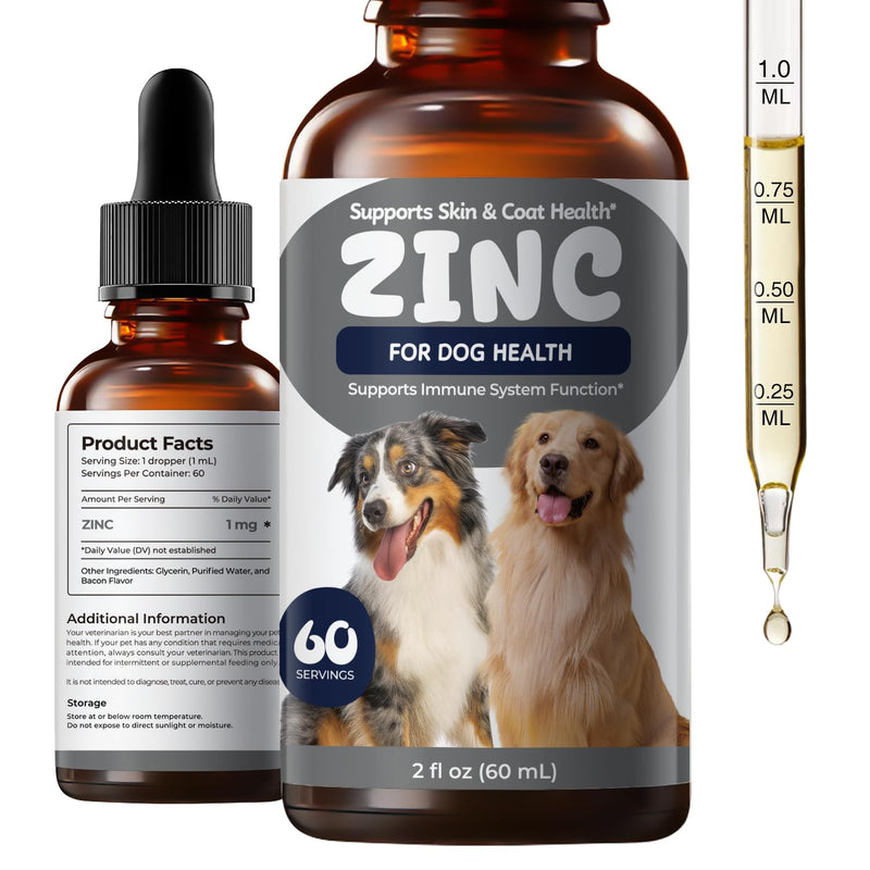 Zinc Drops for Dogs - Liquid Zinc Supplement for Skin & Coat Health, Immune Support Trace Mineral, Bacon Flavored Dog Supplement, Easy Daily Zinc for Dogs, 2 fl oz (60 mL)