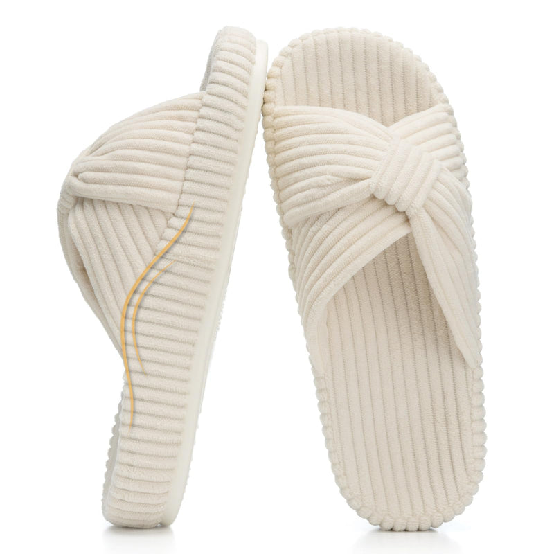 Chantomoo Orthopedic Arch Support Slippers for Women Memory Foam House Corduroy Bow Crossbands Slipper Comfy Gift Slippers 9-10 Beige