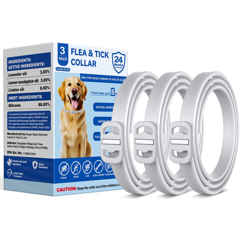 KOOSA Flea and Tick Collar for Dogs, 3 Packs Flea Collar for Dogs with Natural Essential Oils, Waterproof & Adjustable Flea and Tick Prevention Collar for Small Medium Large Dogs & Puppies, Grey 08
