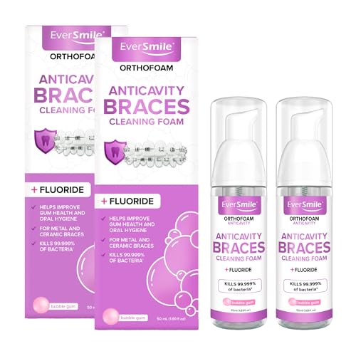 EverSmile OrthoFoam Anticavity Braces Cleaner w/Fluoride — 60 Uses Per 50ml Bottle – Helps Strengthen Enamel & Protect Against Cavities – Foam Cleans Under Metal & Ceramic Braces – 2 Pack, Bubble Gum