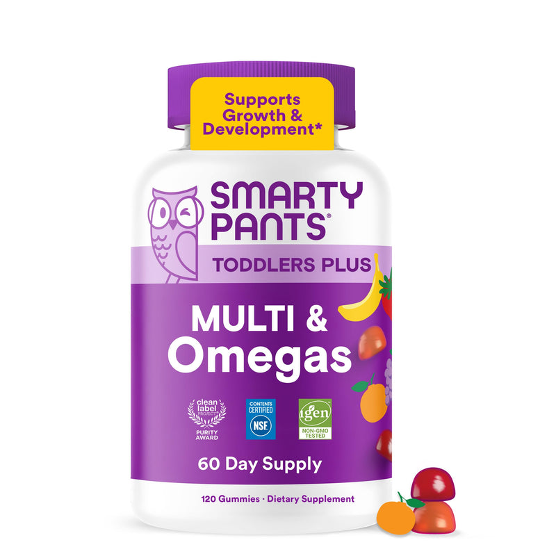 SmartyPants Toddler Plus Multi & Omegas Multivitamin Gummies, Omega 3 DHA/EPA, Vitamins D3, C, B12, B6, A, K, Zinc, Biotin, Gluten Free, Clean Label, Low Sugar, 3 Flavors, 120 Gummies (60 Day Supply) 120 Count (Pack of 1) Multi + Omega - 60 Day Supply