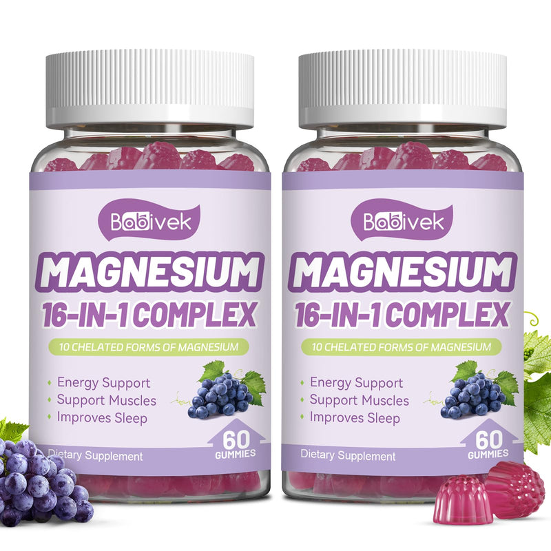 2 Pack Magnesium Gummies with Vitamin D3, C, B6, B12 & Zinc | 800mg Magnesium Gummies,Magnesium Citrate,Glycinate,Malate,Oxide,Women Men Bone Muscle Health,Vegan,Grape Flavor 60 Count (Pack of 2)