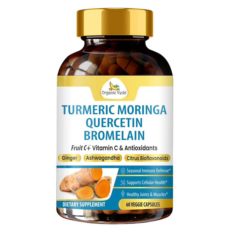 Organic Veda Quercetin with Bromelain Supplement Turmeric Moringa Powerful Antioxidants for Immune Support, Natural Respiratory Health - Super Fruits Vitamin C with Citrus Bioflavonoids - 60 Capsules