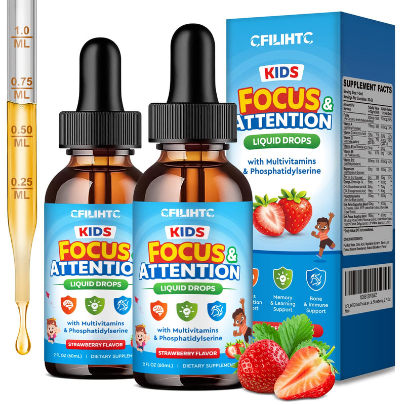 Kids Focus and Attention Supplements with Phosphatidylserine, Omega-3, Magnesium Glycinate & L-Theanine, Brain Vitamins Liquid Drops for Kids Memory, Cognitive, Sleep, Calm & Mood, Strawberry, 4 Fl Oz 4 Fl Oz (Pack of 1)