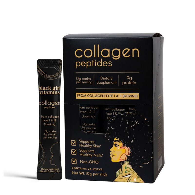 Black Girl Vitamins Collagen Stick Packs – Collagen Type I & III Supplement for Hair, Skin & Nails – Unflavored Collagen Protein Powder – 9g Protein, 0g Carbs – 24 Pack Collagen Sticks