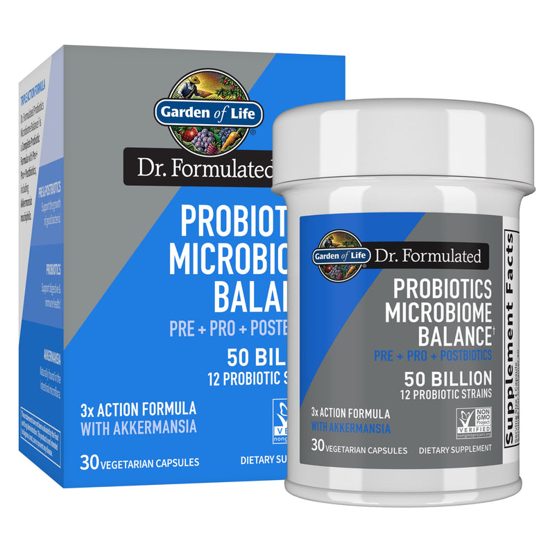 Garden of Life Dr. Formulated Microbiome Balance Probiotic, 50B CFU, 30ct | Pre, Pro & Postbiotics, 12 Probiotic Strains, Digestive Health, Immune Support, Non-GMO, Gluten-Free, Vegetarian