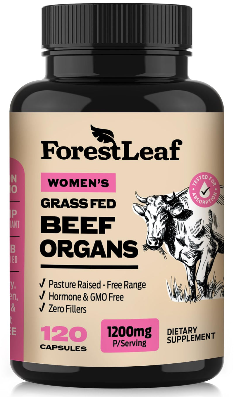 ForestLeaf Beef Organ Supplement for Women - Zero Fillers, Grass Fed Beef Organs Complex - 1200mg per Serving - Support Women's Energy & Overall Health - 120 Capsules Women’s Organ Complex