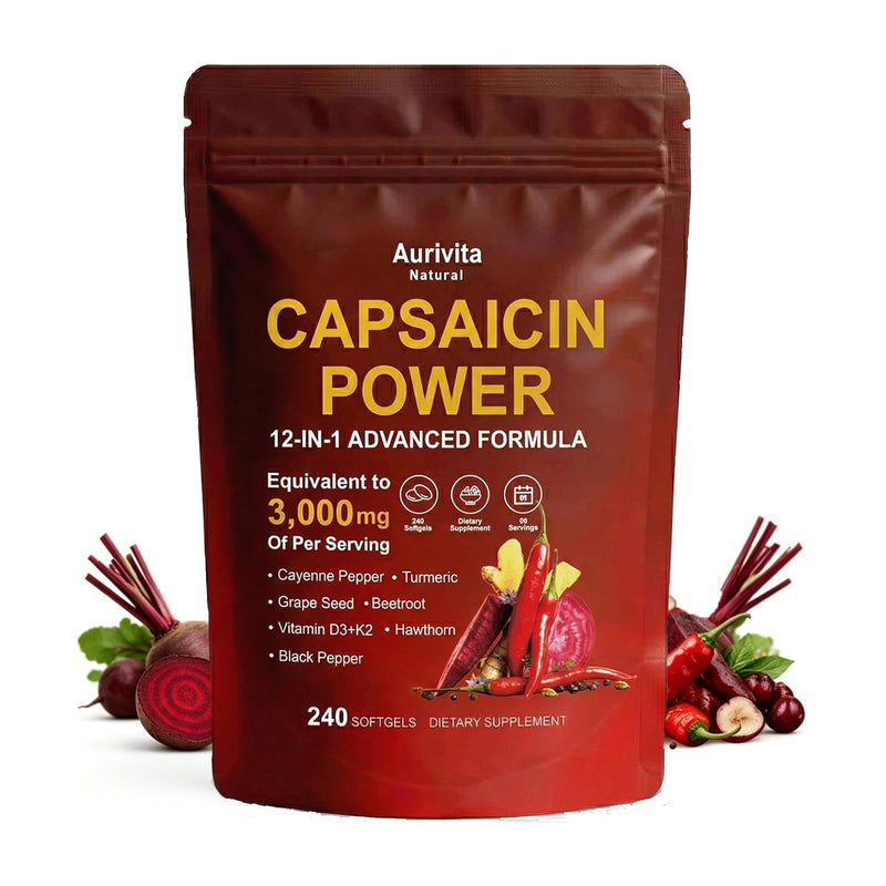 Aurivita Capsaicin Softgels,aurivita Capsaicin Power，with Vitamin E, D3+K2, Grape Seed, Hawthorn, Beet Root & Berberine Extracts -240 Capsules 1pcs