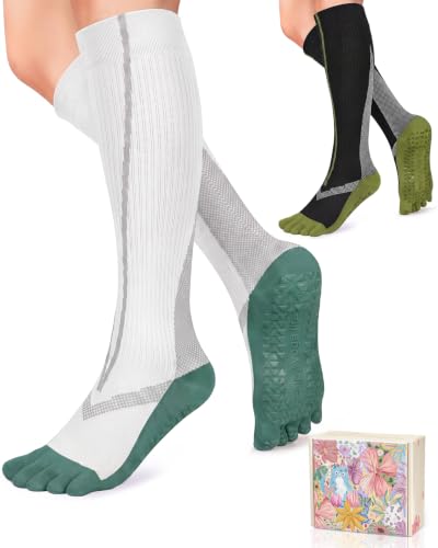 Compression Socks for Women with Grips Knee High Toe Socks Grippy Socks Woman Non Slip for Pregnancy Nurse Athletic Small-Medium A02-five Toe-black/White
