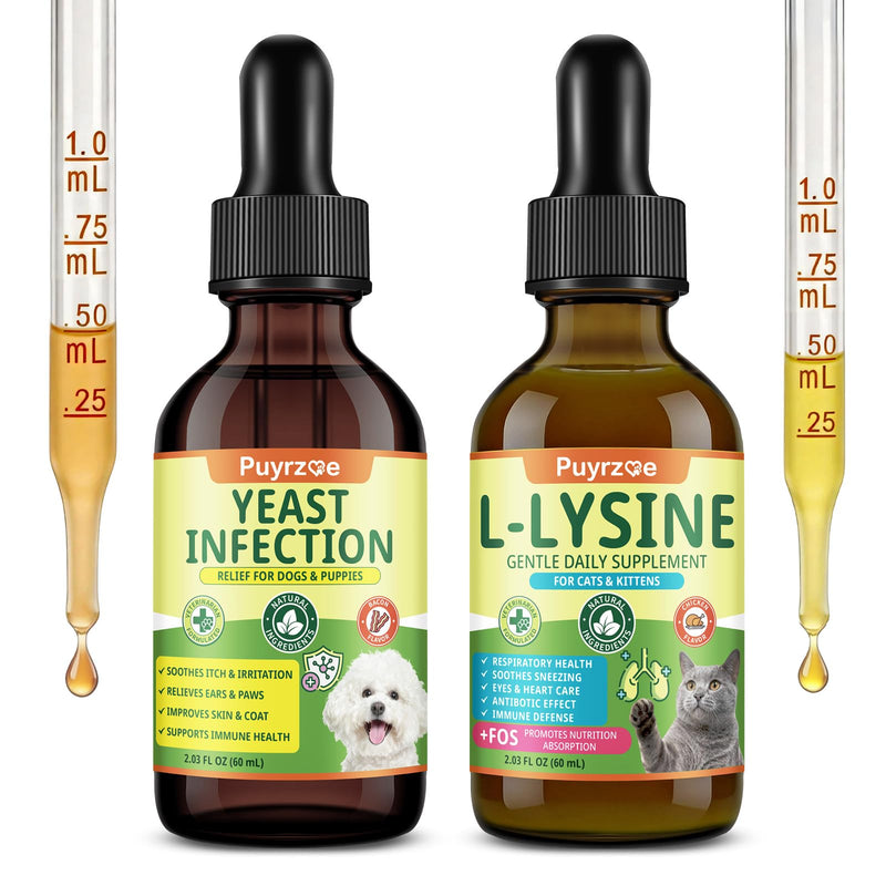 Puyrzoe Yeast Infection Drops for Dogs + Liquid Lysine for Cats – Skin, Ear & Paw Relief + Respiratory & Immune Support – Natural Herbal Yeast Treatment for Dogs + L-Lysine Drops for Cats