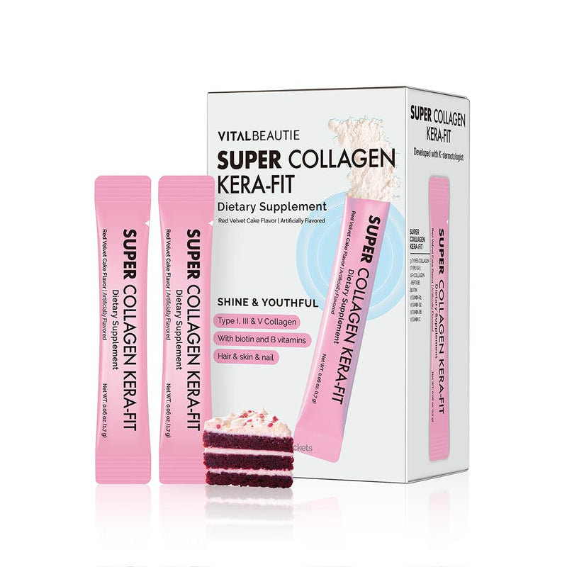 VITALBEAUTIE Super Collagen Kera‑Fit – K‑Beauty Hair, Skin & Nail Powder Stick Packs – Developed with K‑Dermatologist, Red Velvet Cake Flavor – 30 Packets