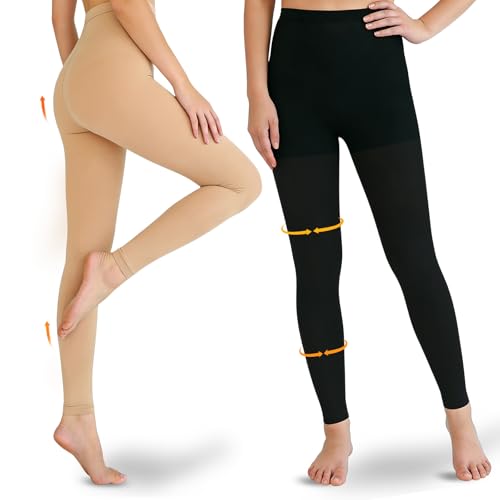 Compression Stockings Women, 15-20mmHg Medical Grade Compression Leggings Footless-Black+Beige Large