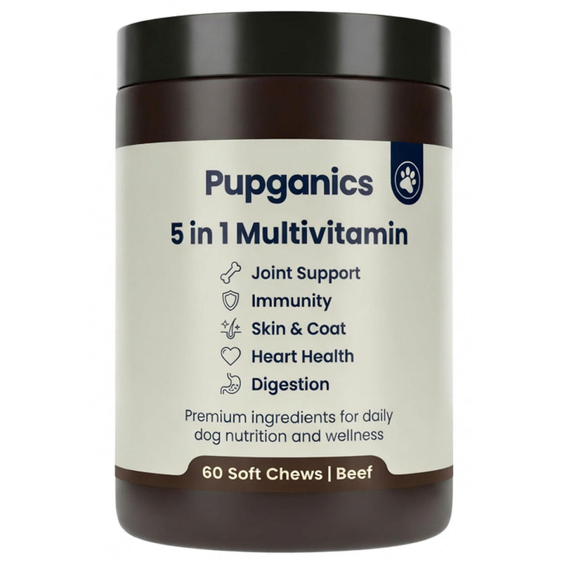 Pupganics Multivitamin Daily Soft Chews for Dogs, 5 in 1 multivitamin for Hip & Joint, Heart Health, Skin & Coat, Digestion & Immune Support, with Probiotics, Glucosamine, Vitamin A/D3/E (Beef) Beef