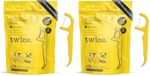 Twice 3-Strand Floss Picks – Dual Action Flosser & Toothpick, Wax-Coated Floss & Eco-Friendly Cornstarch Handles, Vegan, Shred Resistant, Strong Mint, 300 Ct (Pack of 2) 300 Count (Pack of 2)