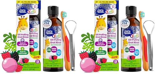 GuruNanda Kids Oil Pulling, Alcohol-Free Mouthwash, Essential Oils & Vitamins for Fresh Breath & Happy Gums for Ages 6 & up, Natural Bubble Berry, 8 Oz (Pack of 2) 8 Fl Oz (Pack of 2)