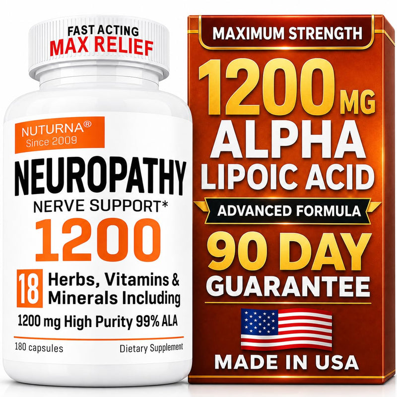 Neuropathy Support Supplement with 1200 mg HP-99 Alpha Lipoic Acid - Max Strength ALA Nerve Formula for Feet Hands Fingers Legs - Ultra Potent 18 in 1 Natural Nerve Vitamins - 180 Capsules White-cloud
